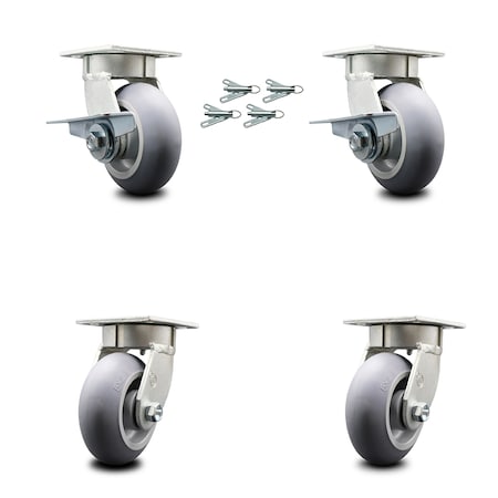 Service Caster 5 Inch Kingpinless Thermoplastic Rubber Wheel Caster Swivel Locks 2 Brakes, 4PK SCC-KP30S520-TPRRD-SLB-BSL-2-BSL-2